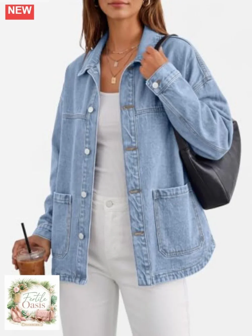 Women's Oversized Denim Jacket Boyfriend Shacket Cotton Button-Up